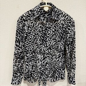 MICHAEL Michael Kors Button Down Animal Print Blouse Tie Hem Black/White Size XS